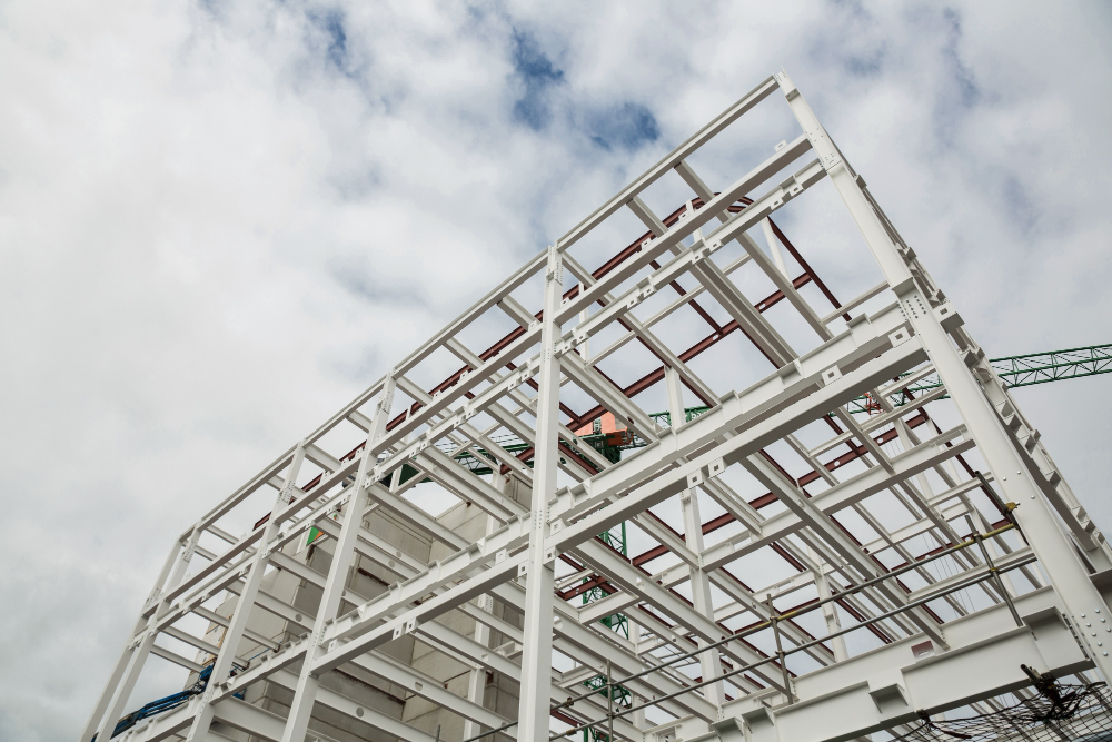 Steel building frame against the sky